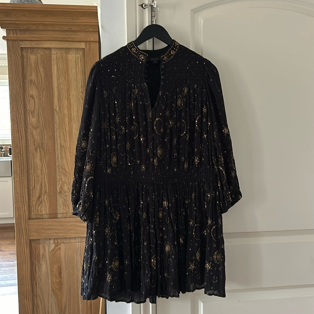 All Saints Black and Gold Smocked A-Line Dress - Picture 4 of 15